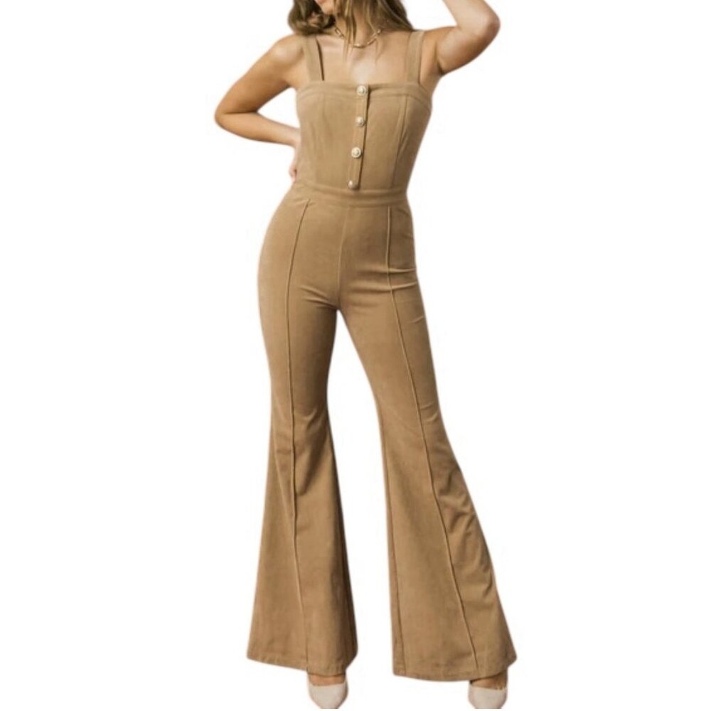 Jealous Tomato Women’s Brown Jumpsuit Medium Size Corduroy Y2K Flare Leg Zipper